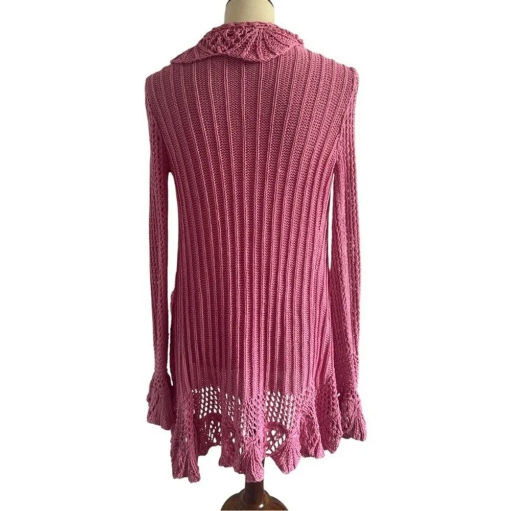 No Boundaries Pink Crochet Ruffle Open Front Cardigan Sweater Boho Y2K Size M